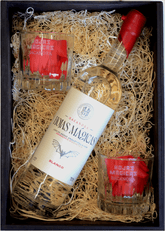 Caja de Madera 2 vasos rocketos y Botella Bacanora Hojas Mágicas 750 ml.